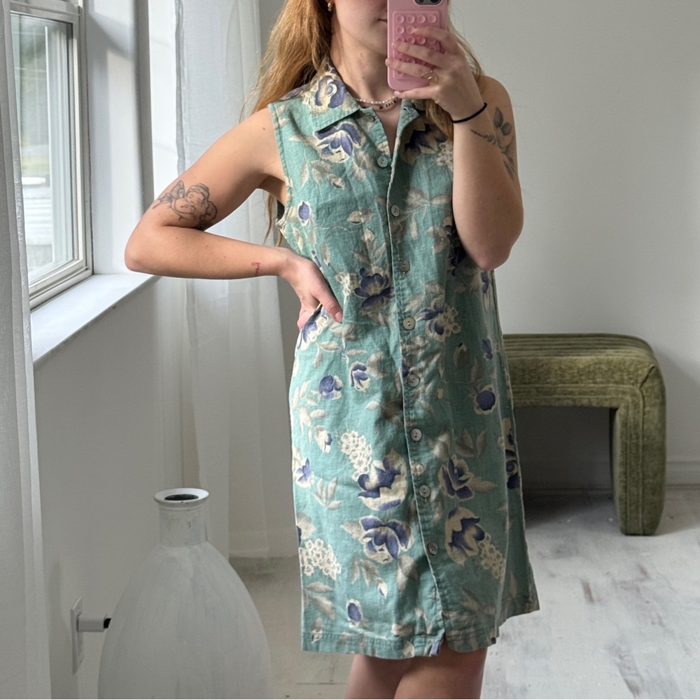 Vintage 90s A.M.I. Linen Blend Floral Button Front Dress Cottagecore M
